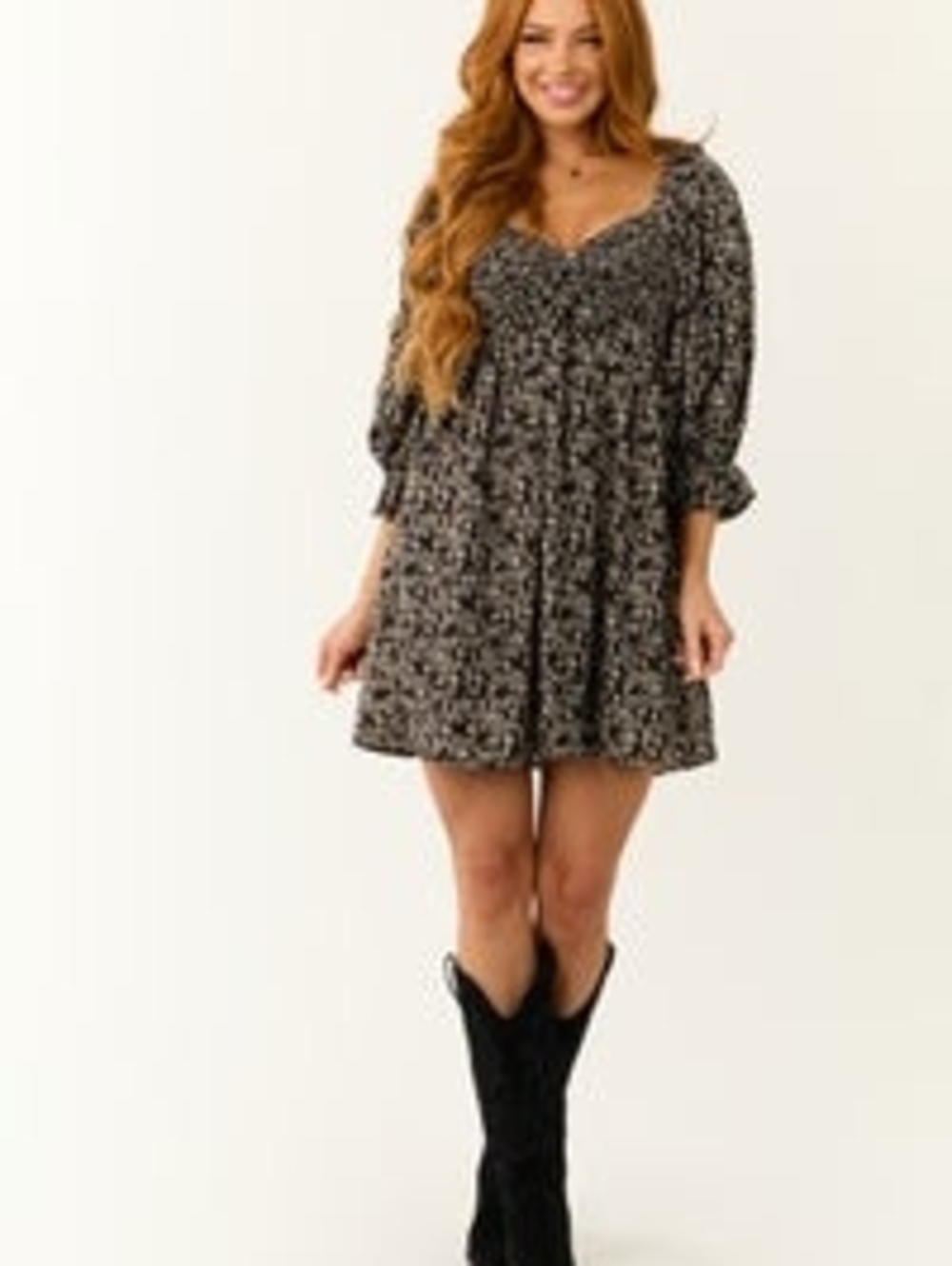 Smocked Floral Mini Dress in Black and Cream